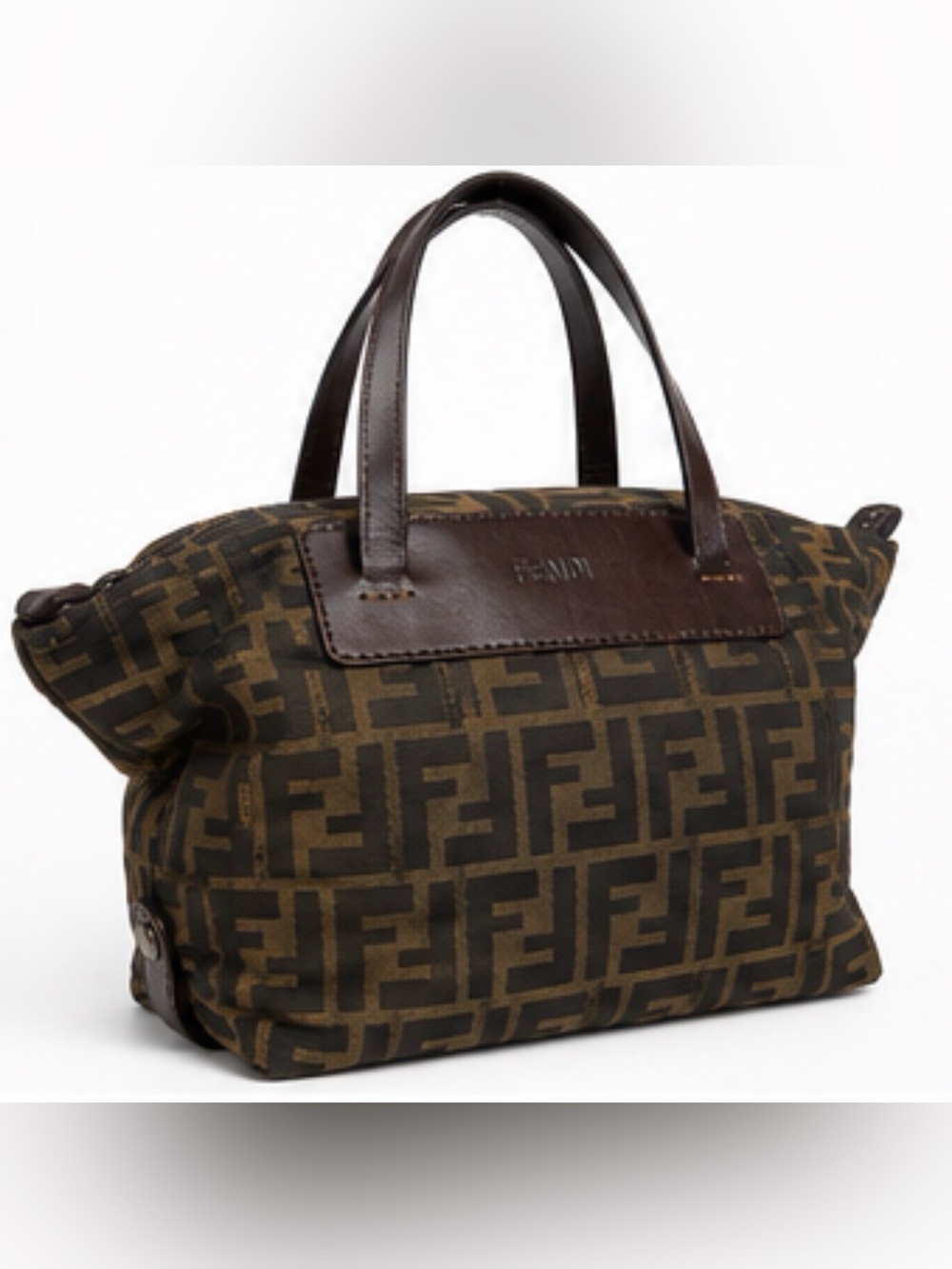 Fendi Zucca Monogram Canvas zip top Tote in Brown and Tan AUTHENTIC